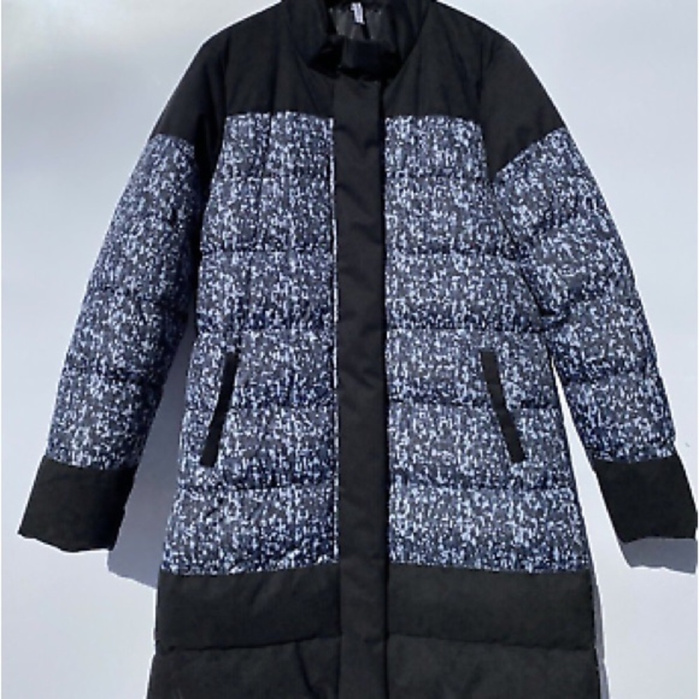 Fabletics Waco Confetti Print Puffer Coat Black Gray Size Large Longline no hood
